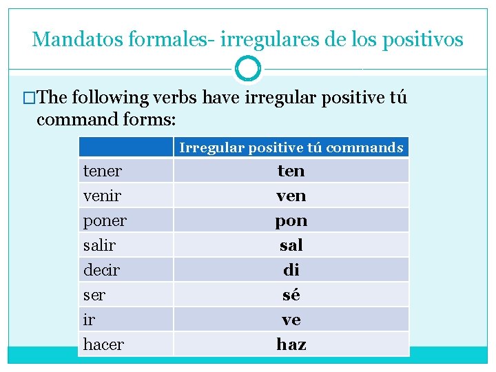 Mandatos formales- irregulares de los positivos �The following verbs have irregular positive tú command