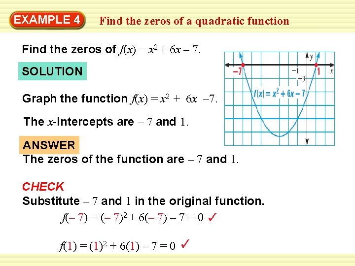 EXAMPLE 4 Find the zeros of a quadratic function Find the zeros of f(x)