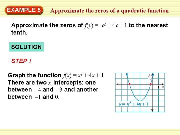 EXAMPLE 5 Approximate the zeros of a quadratic function Approximate the zeros of f(x)