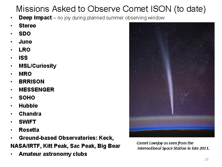 Missions Asked to Observe Comet ISON (to date) • Deep Impact – no joy