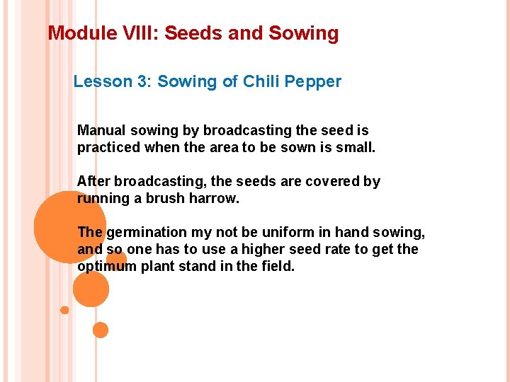Module VIII: Seeds and Sowing Lesson 3: Sowing of Chili Pepper Manual sowing by