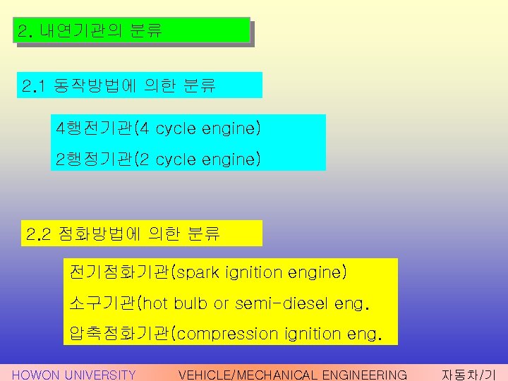 2. 내연기관의 분류 2. 1 동작방법에 의한 분류 4행전기관(4 cycle engine) 2행정기관(2 cycle engine)
