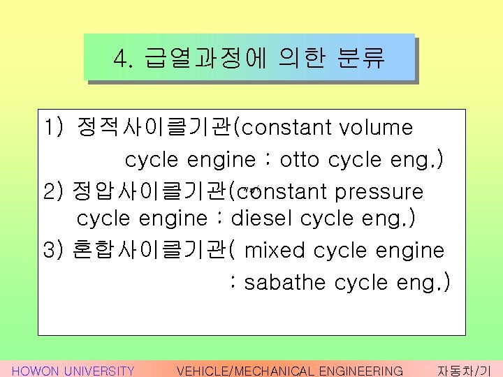 4. 급열과정에 의한 분류 1) 정적사이클기관(constant volume cycle engine : otto cycle eng. )
