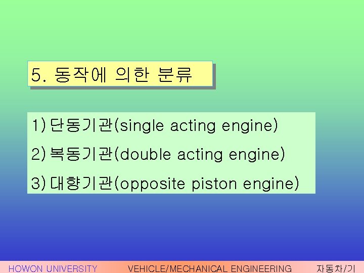 5. 동작에 의한 분류 1) 단동기관(single acting engine) 2) 복동기관(double acting engine) 3) 대향기관(opposite
