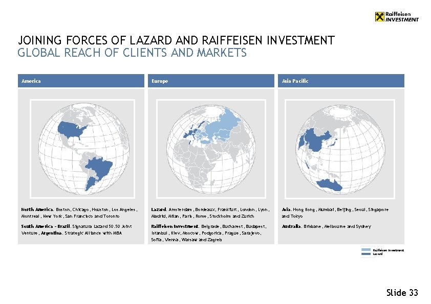 JOINING FORCES OF LAZARD AND RAIFFEISEN INVESTMENT GLOBAL REACH OF CLIENTS AND MARKETS America