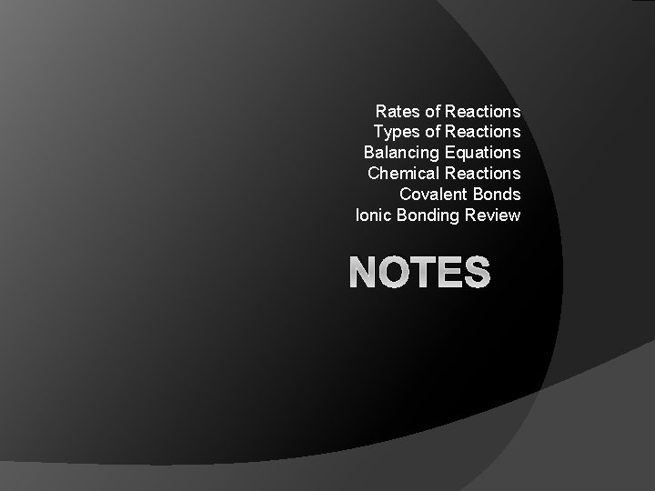 Rates of Reactions Types of Reactions Balancing Equations Chemical Reactions Covalent Bonds Ionic Bonding