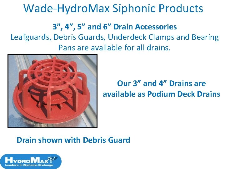 Wade-Hydro. Max Siphonic Products 3”, 4”, 5” and 6” Drain Accessories Leafguards, Debris Guards,