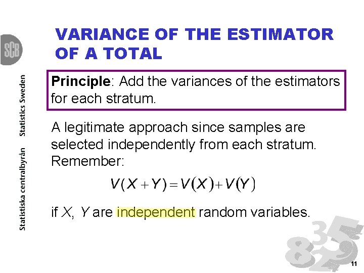 VARIANCE OF THE ESTIMATOR OF A TOTAL Principle: Add the variances of the estimators