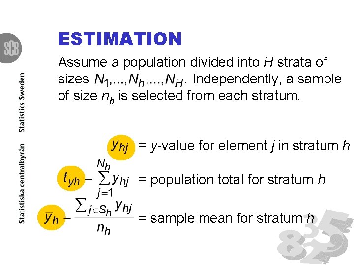 ESTIMATION Assume a population divided into H strata of sizes. Independently, a sample of
