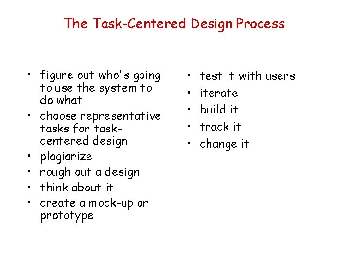 The Task-Centered Design Process • figure out who's going to use the system to