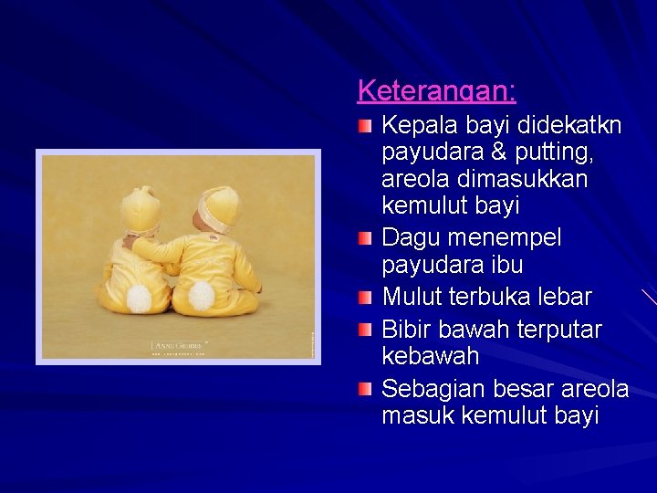 Keterangan: Kepala bayi didekatkn payudara & putting, areola dimasukkan kemulut bayi Dagu menempel payudara