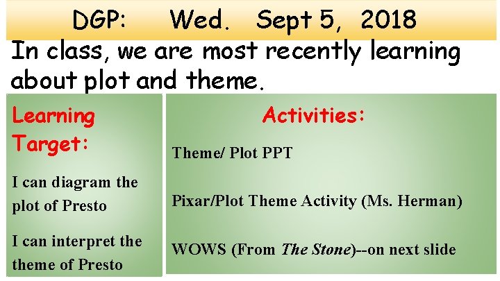 DGP: Wed. Sept 5, 2018 In class, we are most recently learning about plot