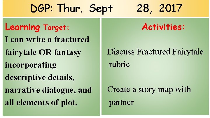 DGP: Thur. Sept Learning Target: I can write a fractured fairytale OR fantasy incorporating