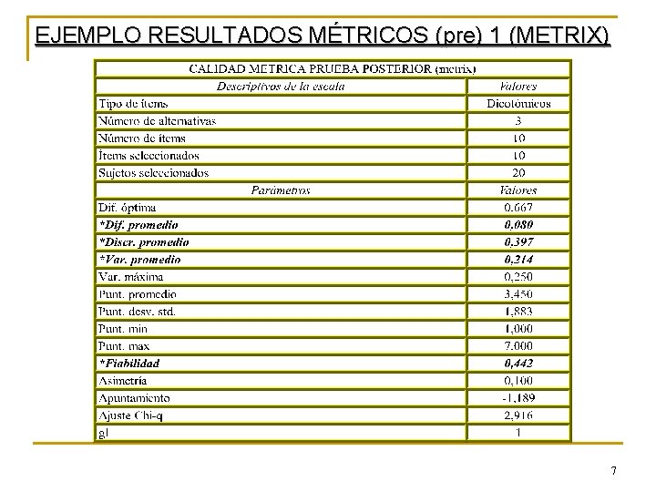 EJEMPLO RESULTADOS MÉTRICOS (pre) 1 (METRIX) 7 