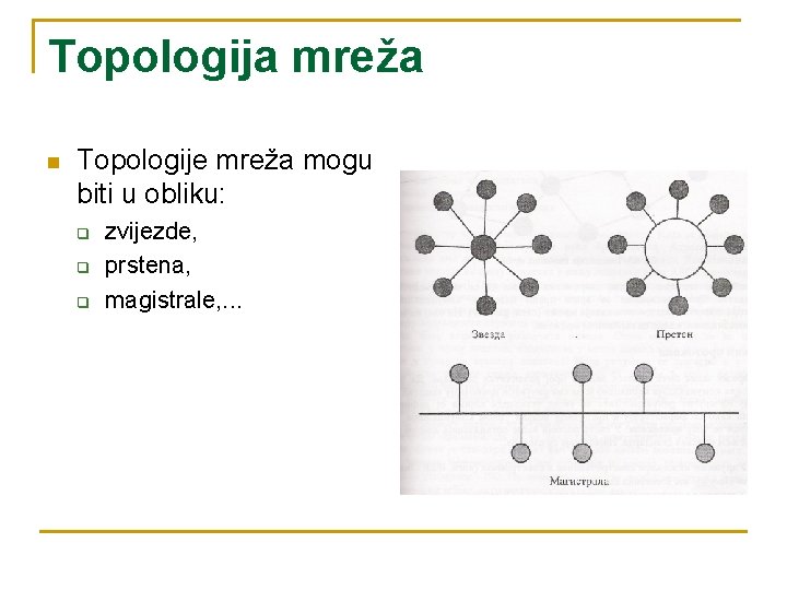Topologija mreža n Topologije mreža mogu biti u obliku: q q q zvijezde, prstena,