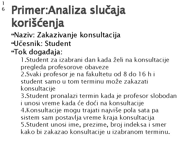 1 6 Primer: Analiza slučaja korišćenja Naziv: Zakazivanje konsultacija Učesnik: Student Tok događaja: 1.