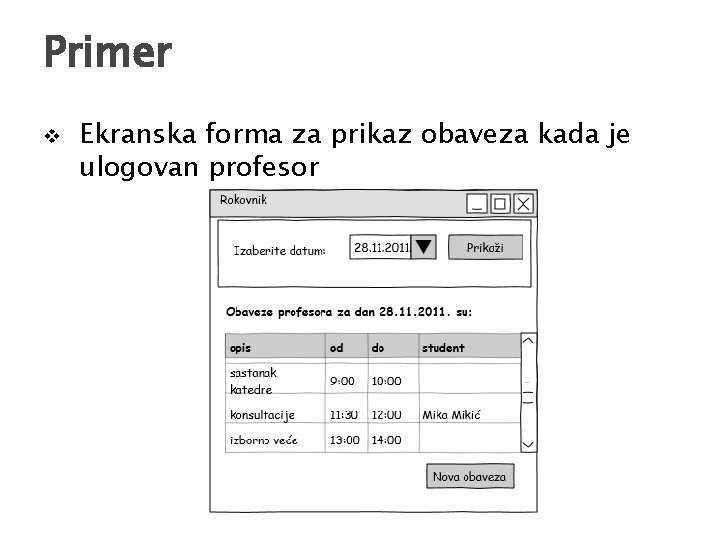 Primer v Ekranska forma za prikaz obaveza kada je ulogovan profesor 