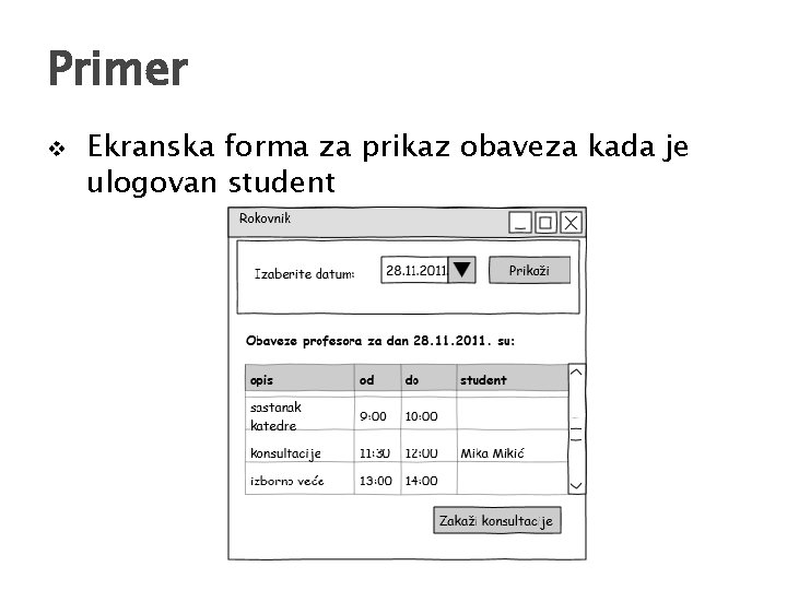 Primer v Ekranska forma za prikaz obaveza kada je ulogovan student 