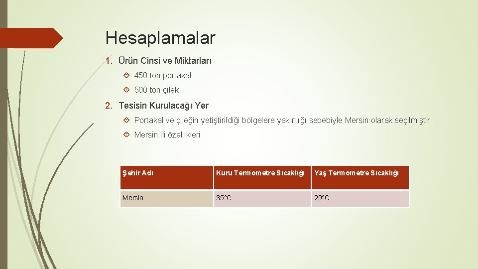 Hesaplamalar 1. Ürün Cinsi ve Miktarları 450 ton portakal 500 ton çilek 2. Tesisin