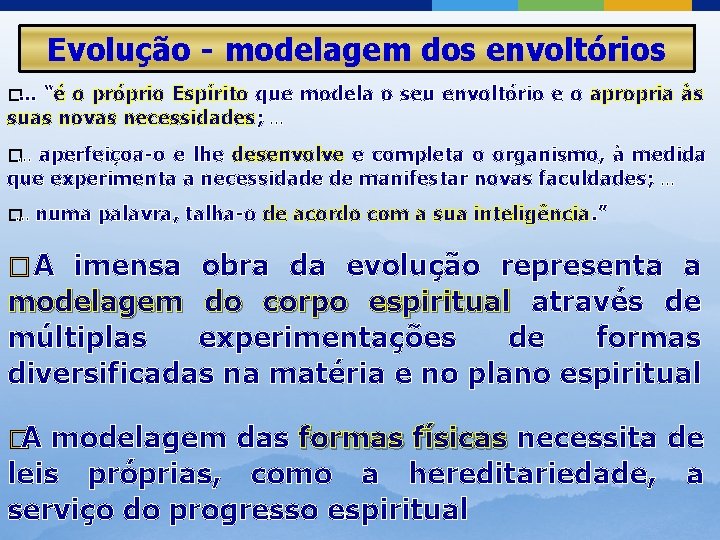 Evolução - modelagem dos envoltórios �. . . “é o próprio Espírito que modela