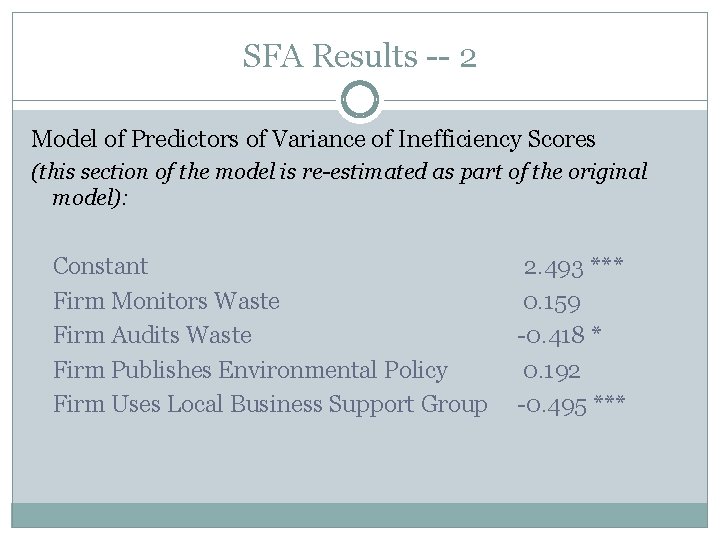 SFA Results -- 2 Model of Predictors of Variance of Inefficiency Scores (this section
