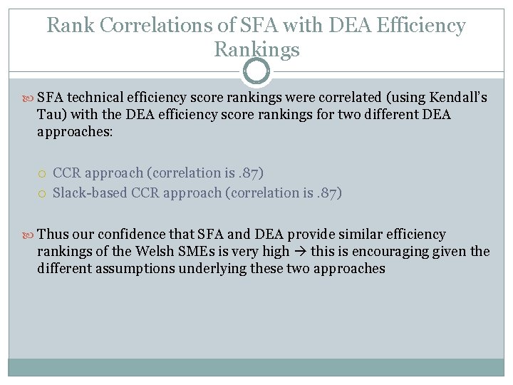 Rank Correlations of SFA with DEA Efficiency Rankings SFA technical efficiency score rankings were