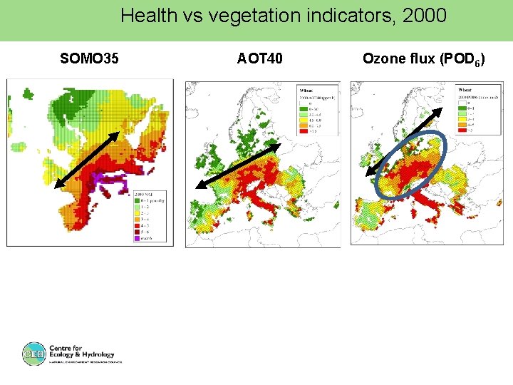 Health vs vegetation indicators, 2000 SOMO 35 AOT 40 Ozone flux (POD 6) 