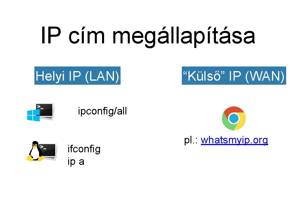 IP cím megállapítása Helyi IP (LAN) “Külső” IP (WAN) ipconfig/all ifconfig ip a pl.