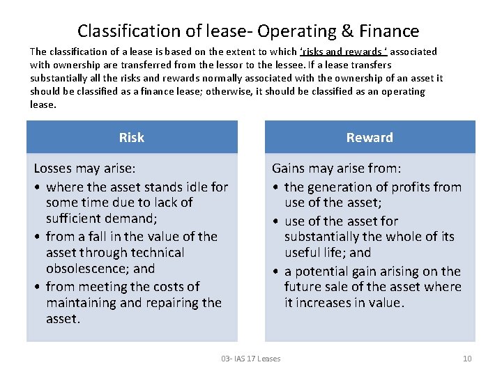 Classification of lease- Operating & Finance The classification of a lease is based on