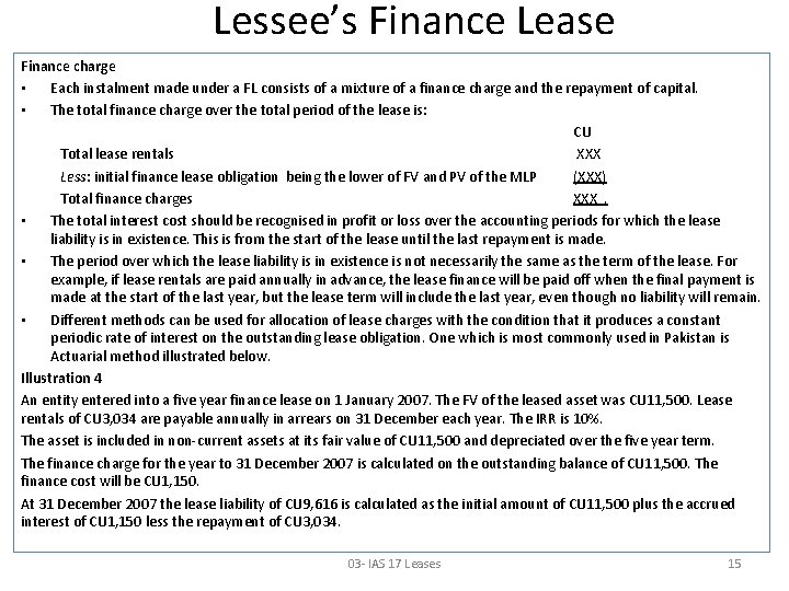 Lessee’s Finance Lease Finance charge • Each instalment made under a FL consists of