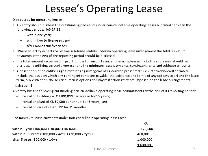 Lessee’s Operating Lease Disclosures for operating leases • An entity should disclose the outstanding