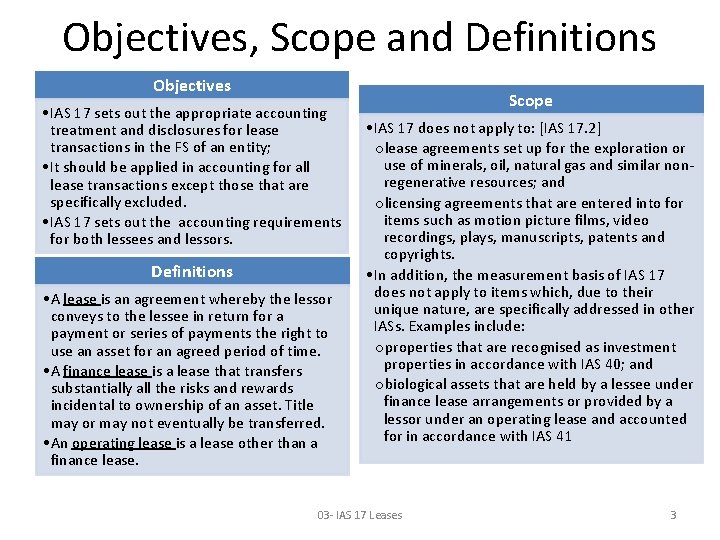 Objectives, Scope and Definitions Objectives • IAS 17 sets out the appropriate accounting treatment