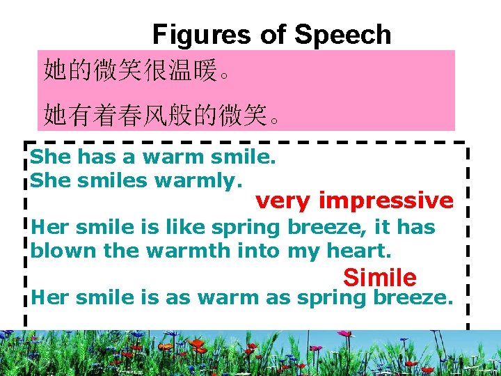 Figures of Speech 她的微笑很温暖。 她有着春风般的微笑。 She has a warm smile. She smiles warmly. very