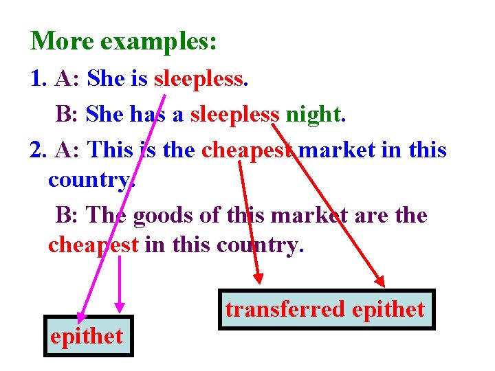 More examples: 1. A: She is sleepless. B: She has a sleepless night. 2.