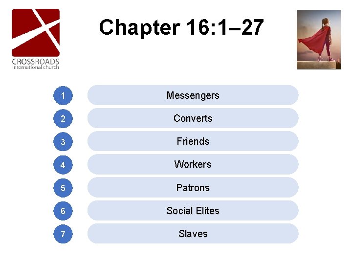 Chapter 16: 1– 27 1 Messengers 2 Converts 3 Friends 4 Workers 5 Patrons Chapter 16: 1– 27 1 Messengers 2 Converts 3 Friends 4 Workers 5 Patrons