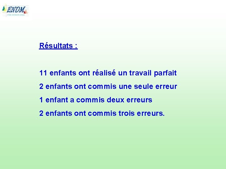 Résultats : 11 enfants ont réalisé un travail parfait 2 enfants ont commis une