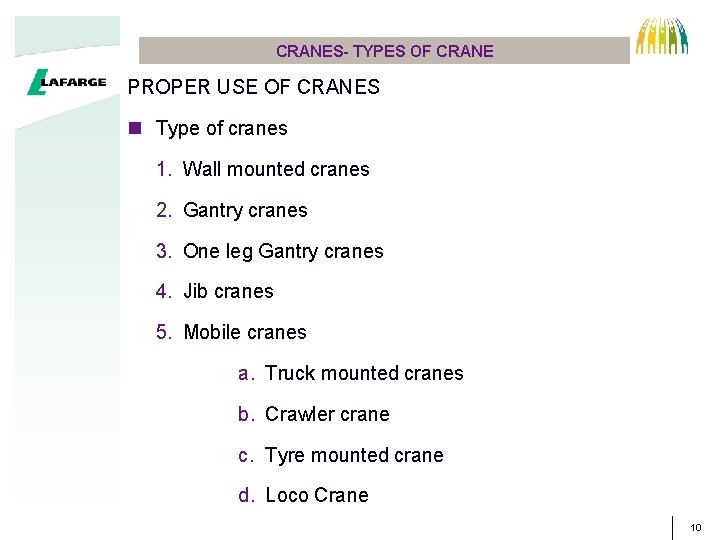 CRANES- TYPES OF CRANE PROPER USE OF CRANES n Type of cranes 1. Wall