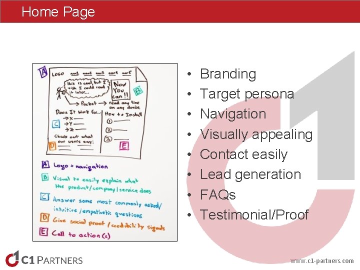Home Page • • Branding Target persona Navigation Visually appealing Contact easily Lead generation Home Page • • Branding Target persona Navigation Visually appealing Contact easily Lead generation