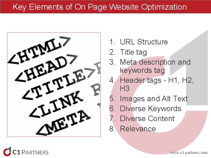 Key Elements of On Page Website Optimization 1. URL Structure 2. Title tag 3. Key Elements of On Page Website Optimization 1. URL Structure 2. Title tag 3.