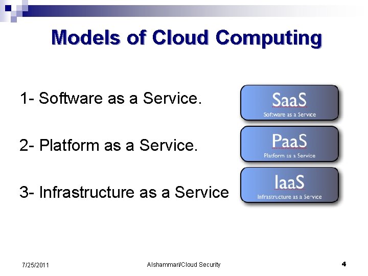 Models of Cloud Computing 1 - Software as a Service. 2 - Platform as