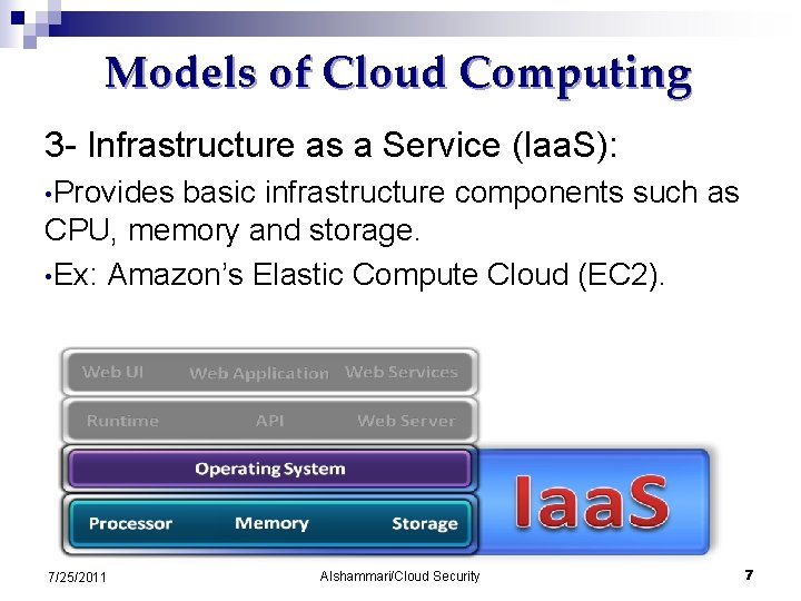 Models of Cloud Computing 3 - Infrastructure as a Service (Iaa. S): • Provides