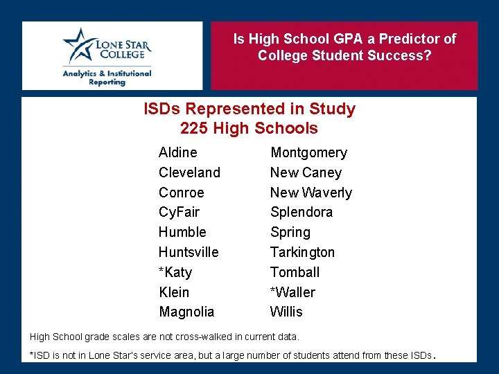 Is High School GPA a Predictor of College Student Success? ISDs Represented in Study