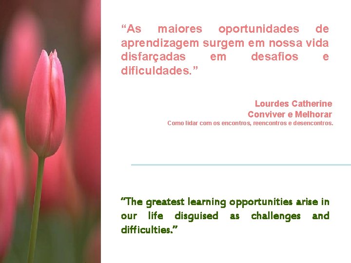 “As maiores oportunidades de aprendizagem surgem em nossa vida disfarçadas em desafios e dificuldades.