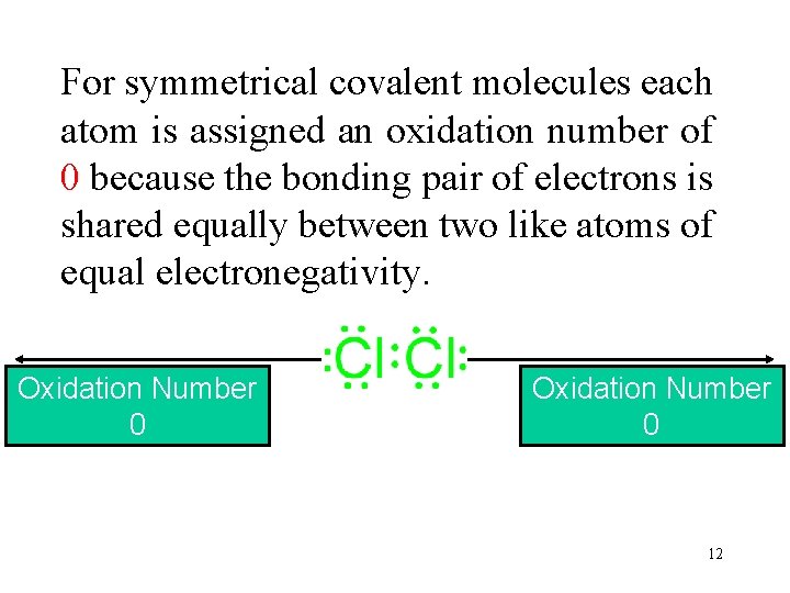 For symmetrical covalent molecules each atom is assigned an oxidation number of 0 because