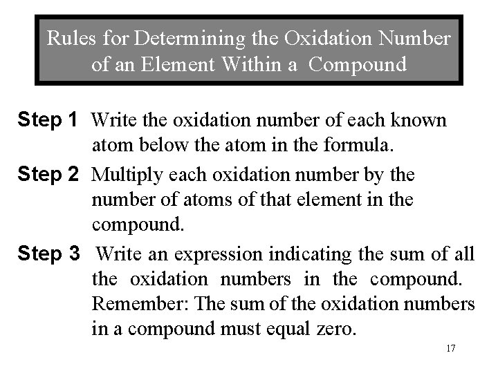 Rules for Determining the Oxidation Number of an Element Within a Compound Step 1