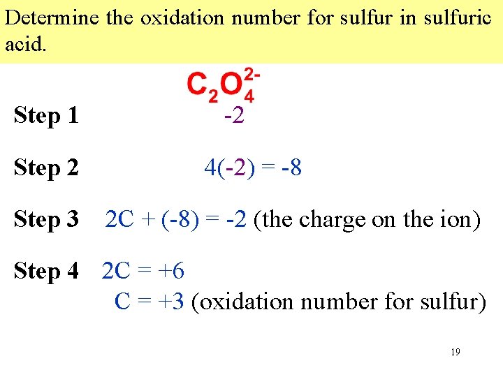 Determine the oxidation number for sulfur in sulfuric acid. Step 1 Step 2 Step
