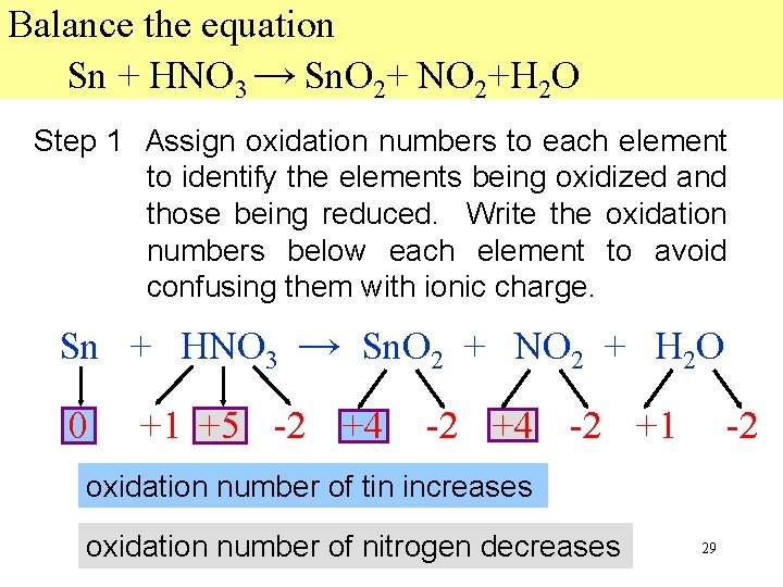 Balance the equation Sn + HNO 3 → Sn. O 2+ NO 2+H 2