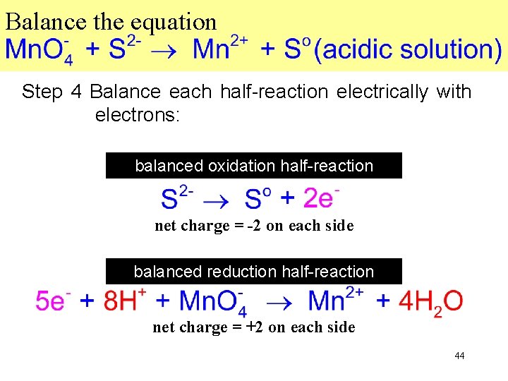 Balance the equation Step 4 Balance each half-reaction electrically with electrons: balanced oxidation half-reaction