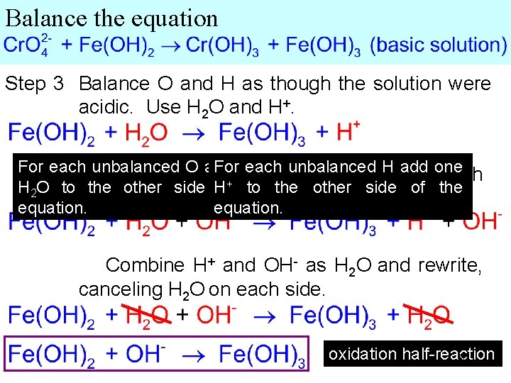 Balance the equation Step 3 Balance O and H as though the solution were