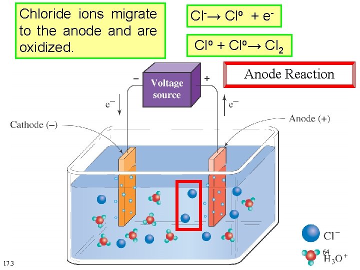 Chloride ions migrate to the anode and are oxidized. Cl-→ Clo + e. Clo